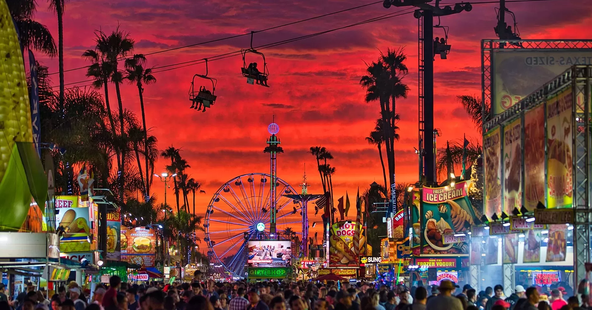 The San Diego County Fair at the Del Mar Fairgrounds at dusk