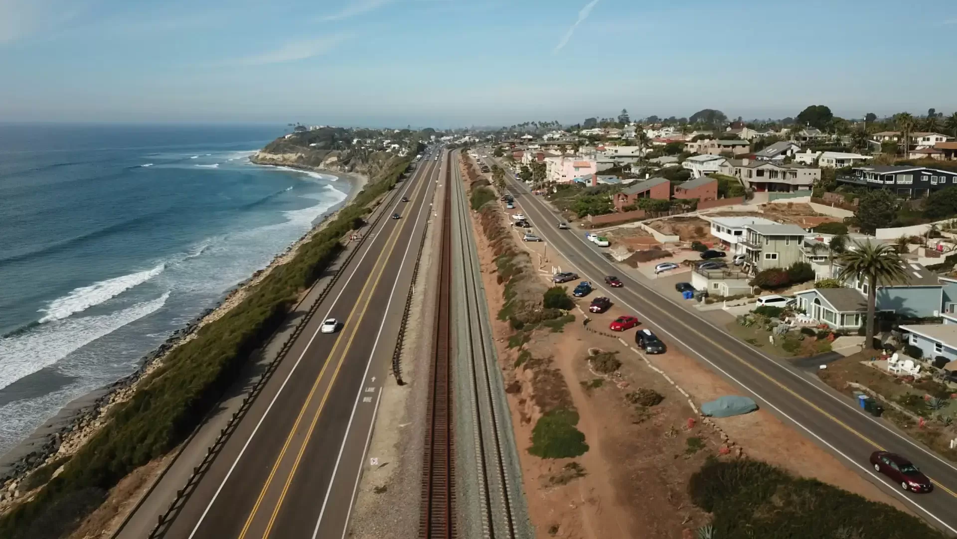 Aerial view of Coast Highway 101 and the coastline in Cardiff-by-the-Sea
