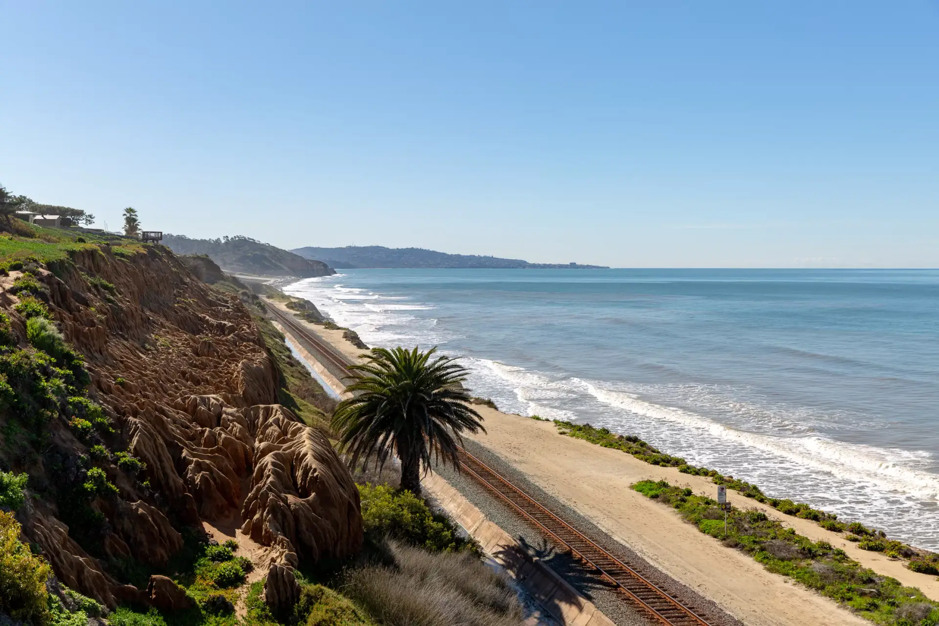 The Del Mar bluffs with the coastal railway and the ocean beyond