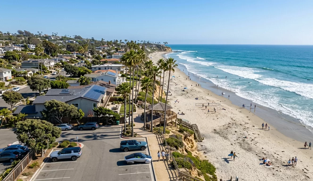 Encinitas coastline with beachfront homes and palm trees