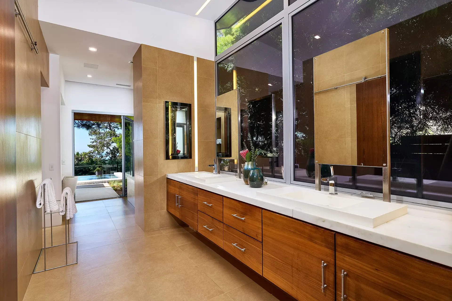 Spa bathroom with steam shower heated floors and ocean view jacuzzi at 116 Nob Ave Del Mar luxury home listed by Kelli Miller Compass
