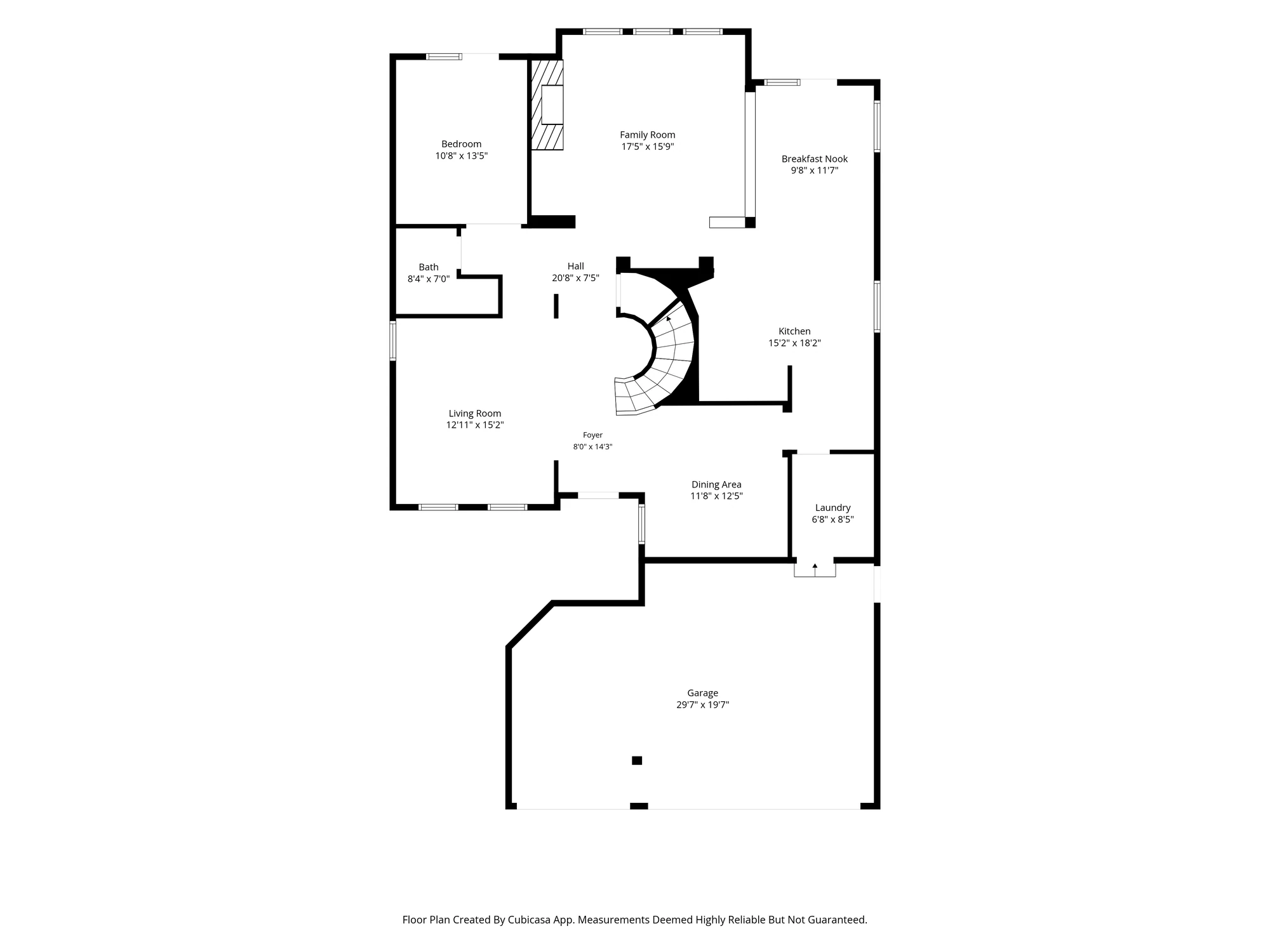 First-floor plan with living room, dining area, kitchen, breakfast nook, family room, downstairs bedroom, bath, laundry and three-car garage at 12086 Little Silver Ct, Scripps Ranch, San Diego
