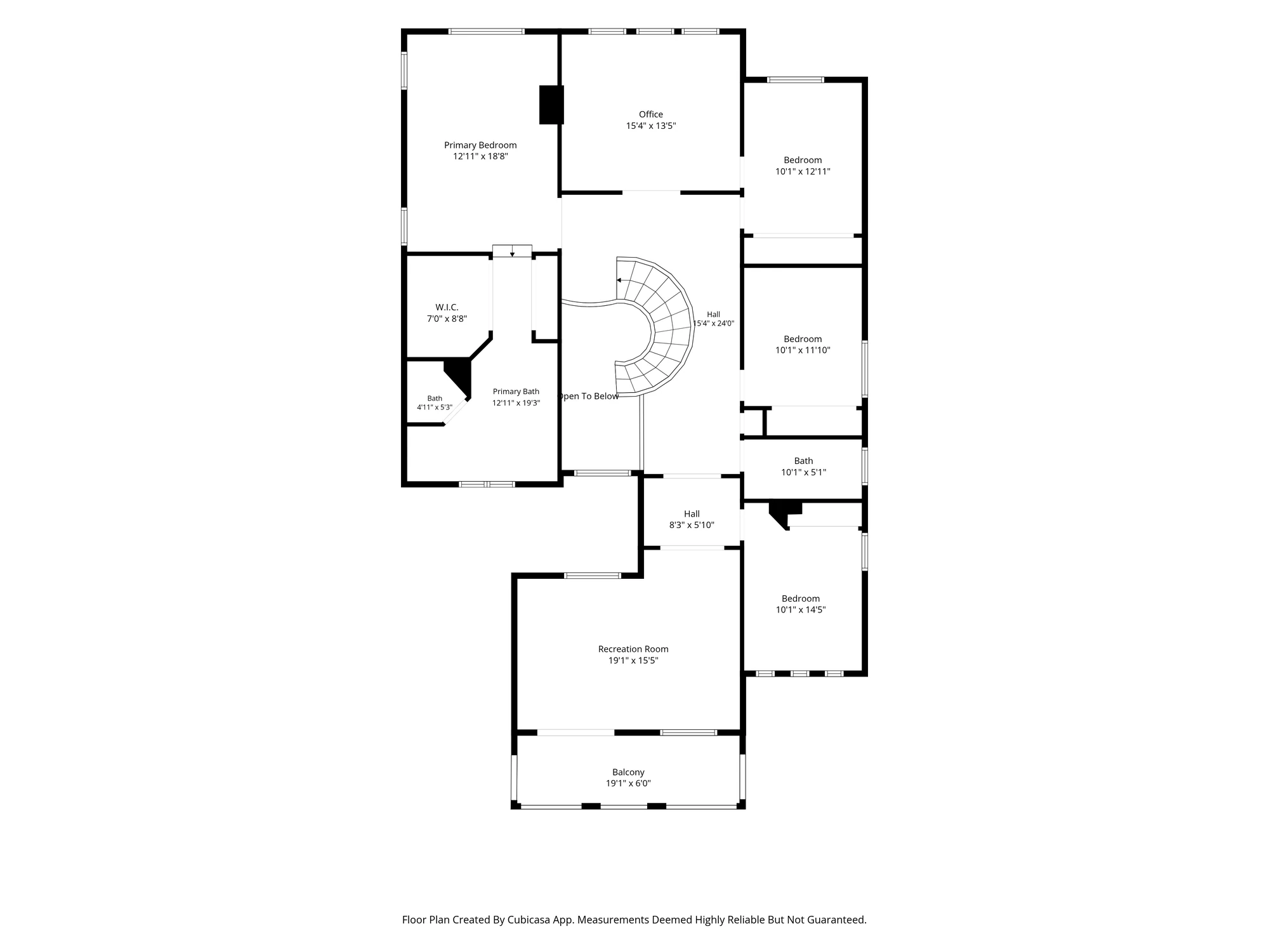 Second-floor plan with primary suite, office, three bedrooms, bath, recreation room and balcony at 12086 Little Silver Ct, Scripps Ranch, San Diego